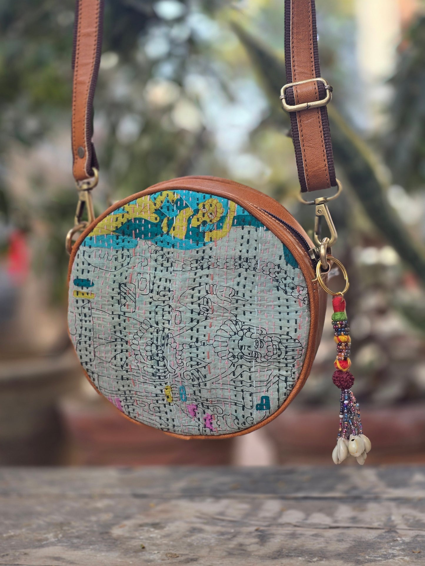 Genuine leather bag sling bag handbag purse kantha Bag