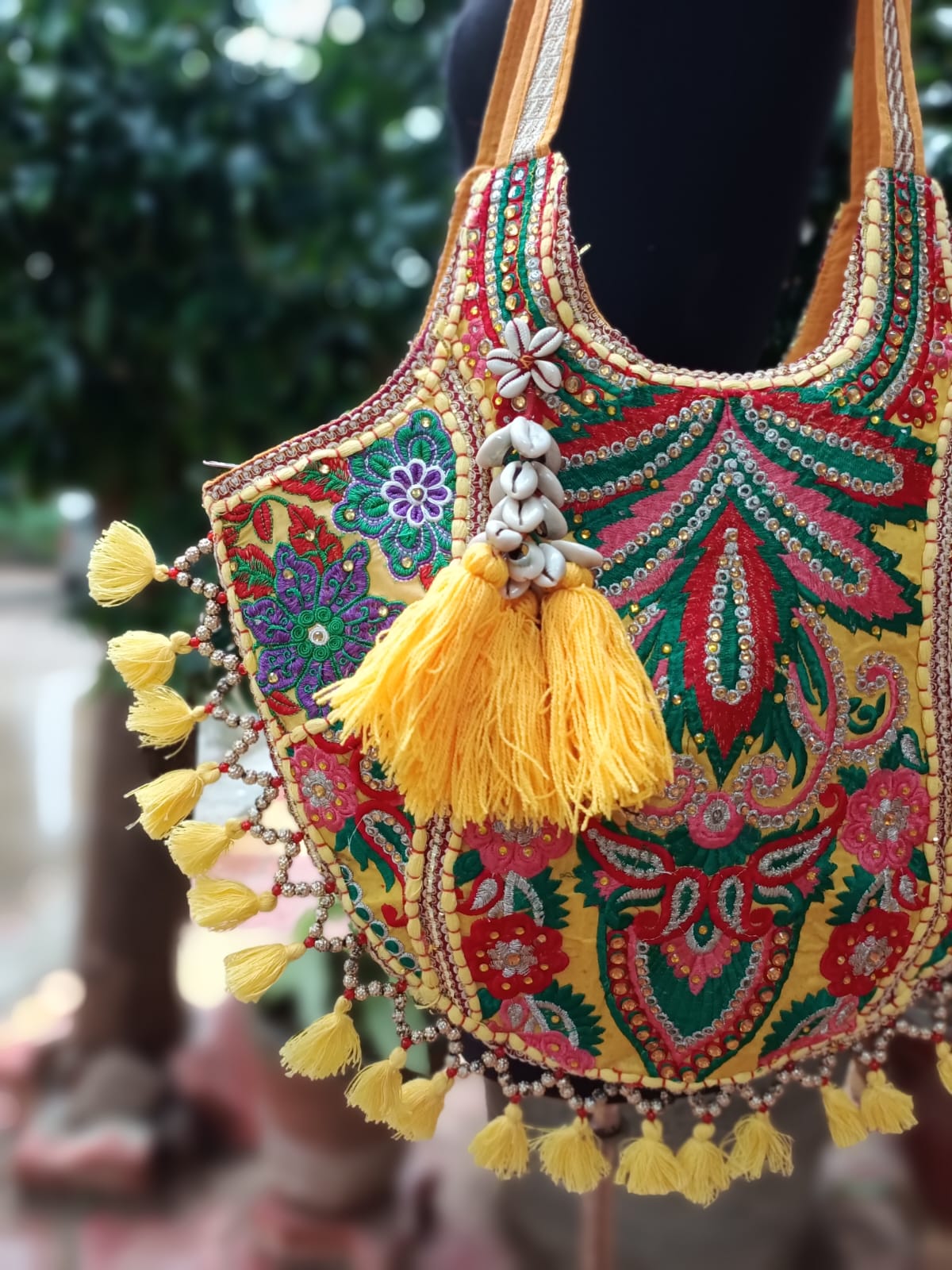 Banjara shoulder bag handmade tassels bag yellow colour