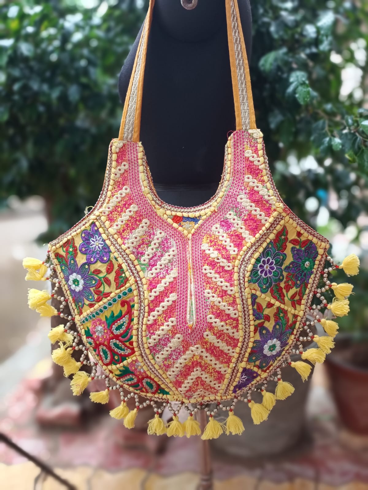 Banjara shoulder bag handmade tassels bag yellow colour