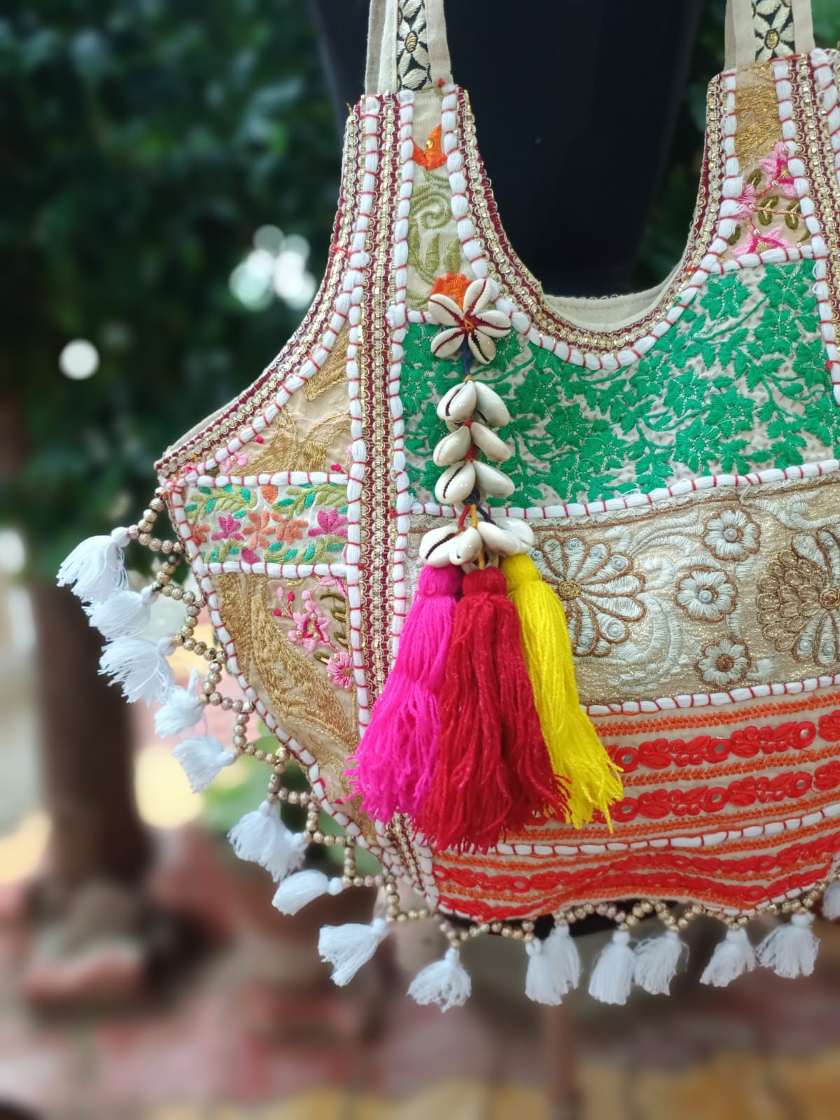 Banjara shoulder bag handmade tassels bag milky color
