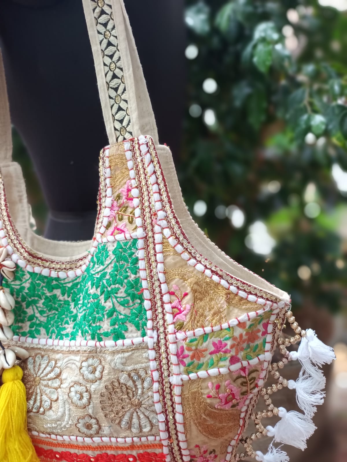 Banjara shoulder bag handmade tassels bag milky color