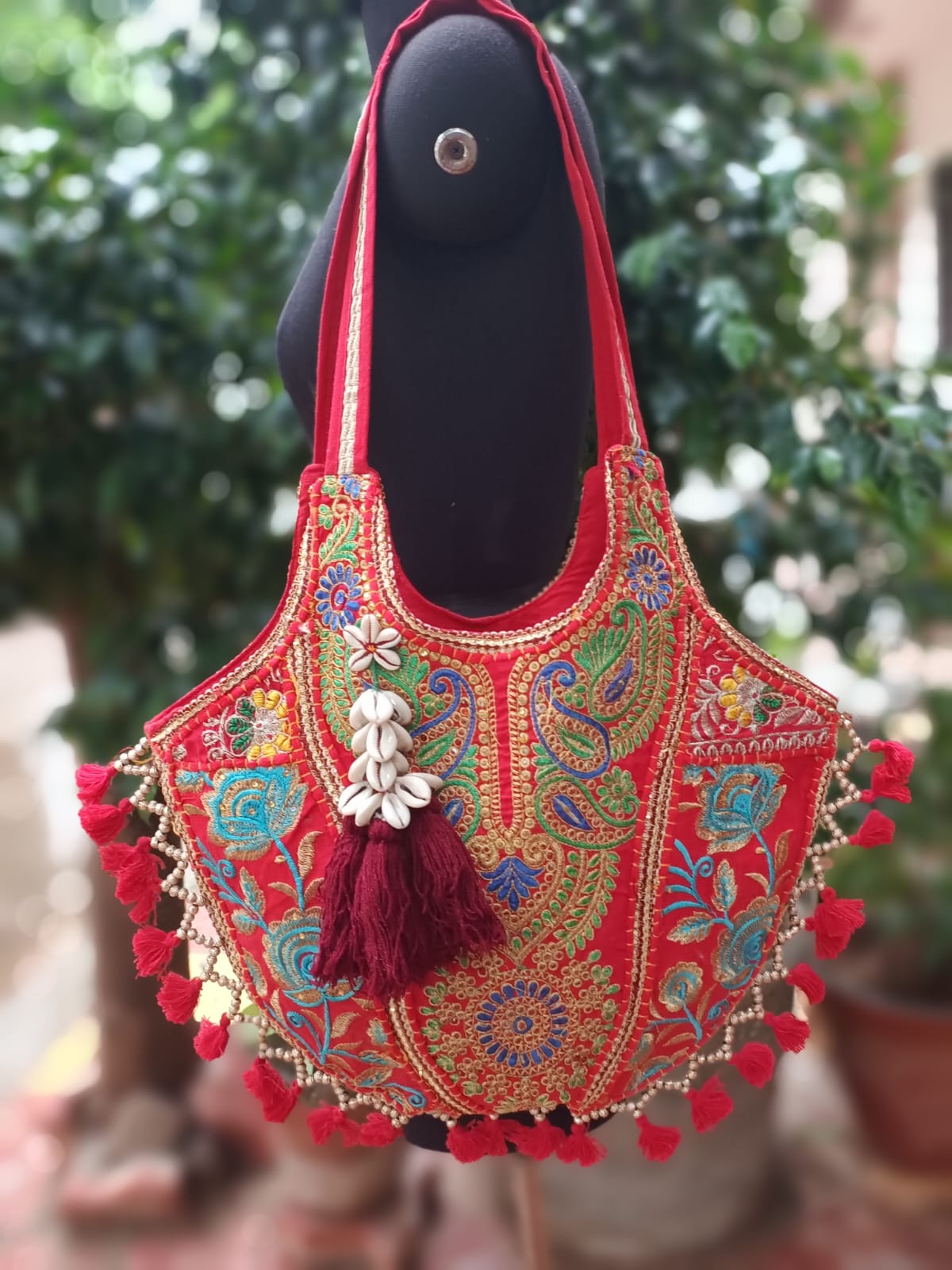 Banjara shoulder bag handmade tassels bag Red colour