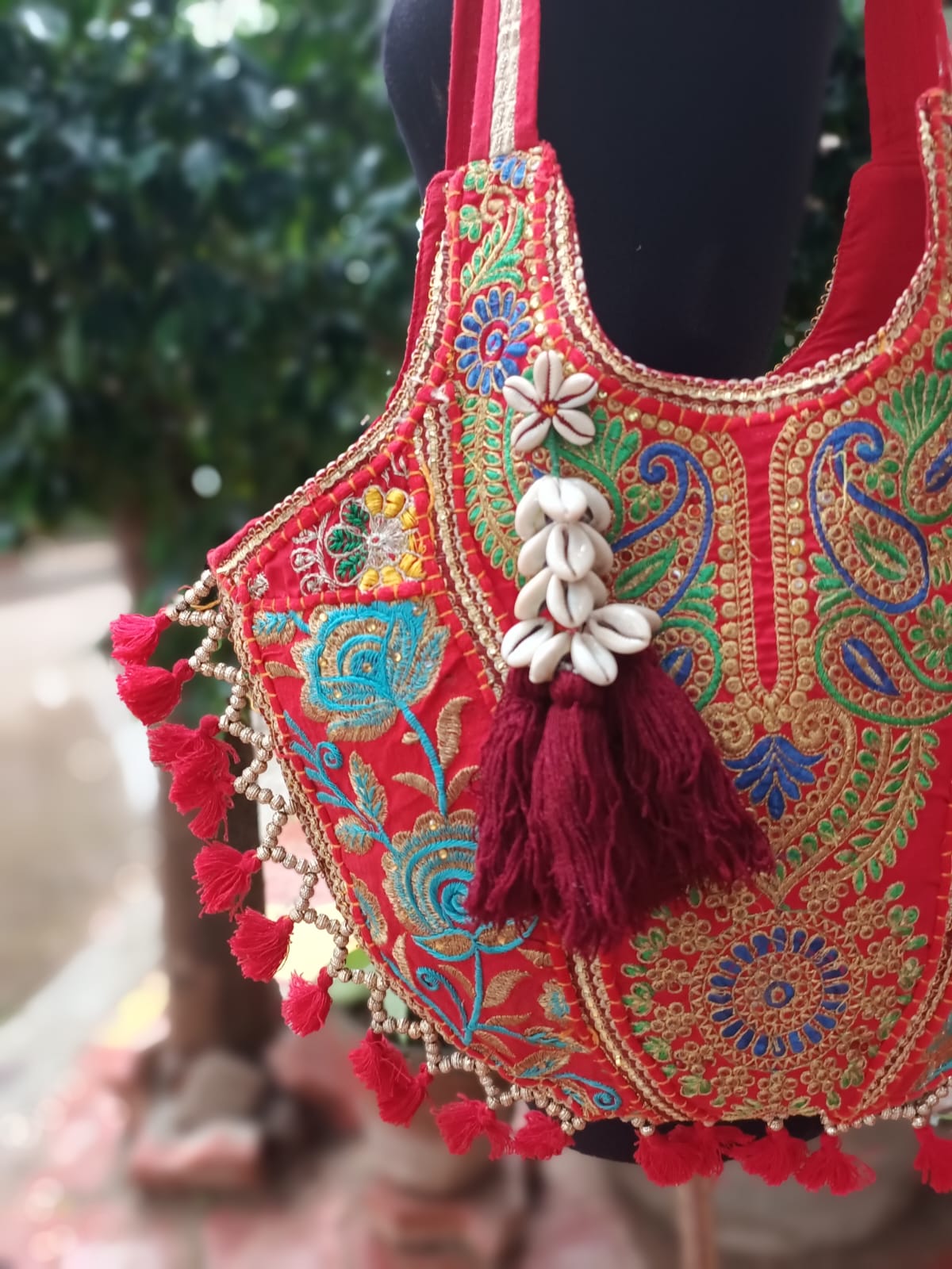 Banjara shoulder bag handmade tassels bag Red colour