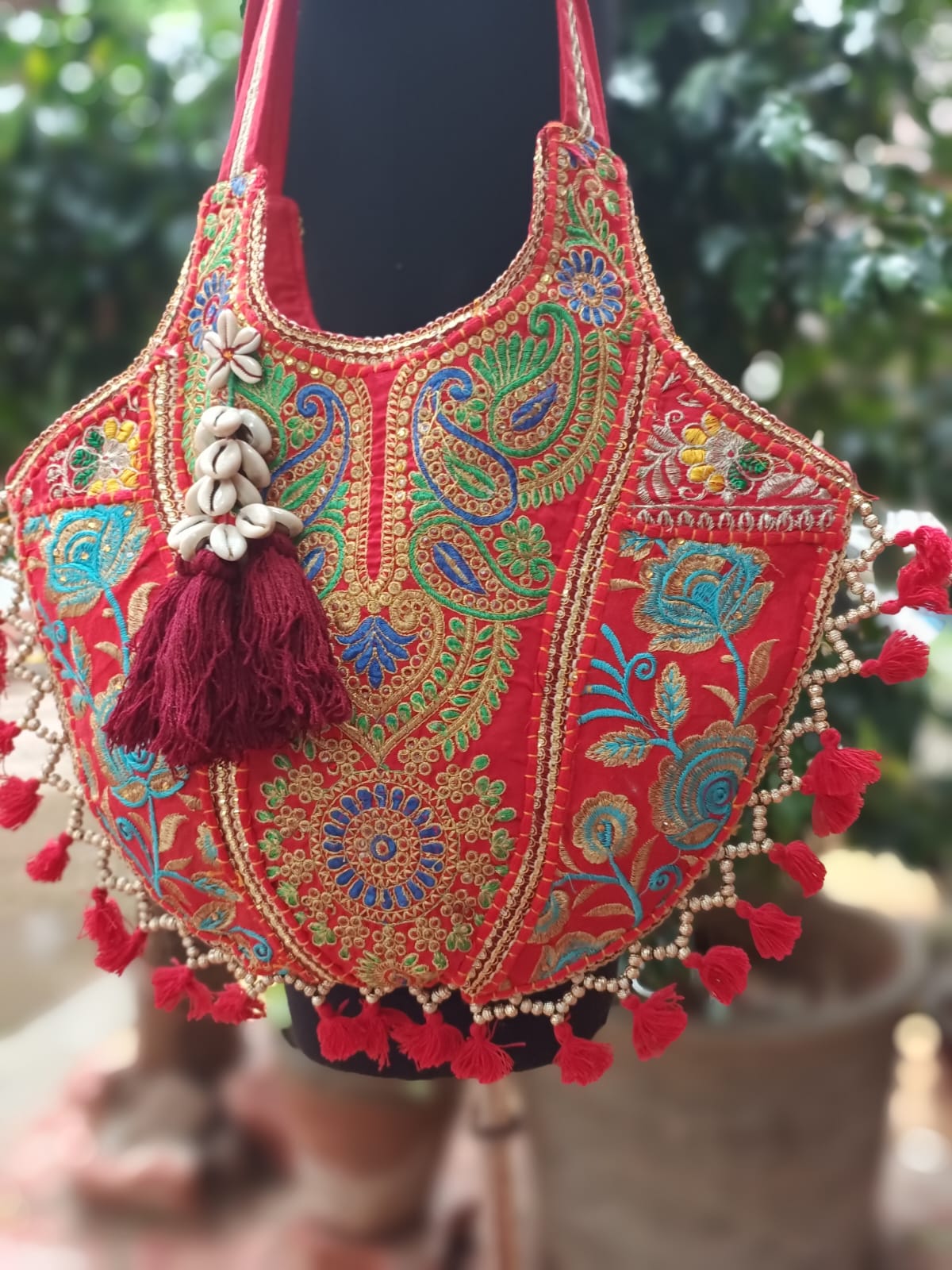 Banjara shoulder bag handmade tassels bag Red colour