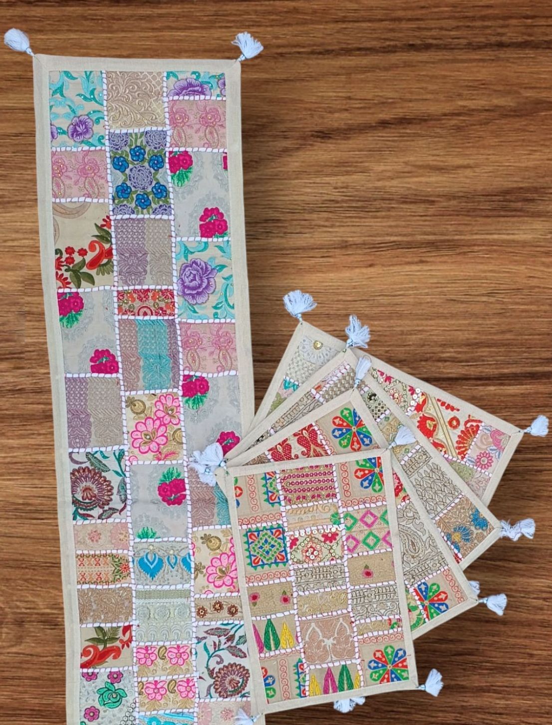 White colore Table Runner Set Handmade Table Throw Patch work Embroidery