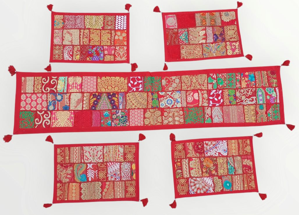Red colore Table Runner Set Handmade Table Throw Patch work Embroidery