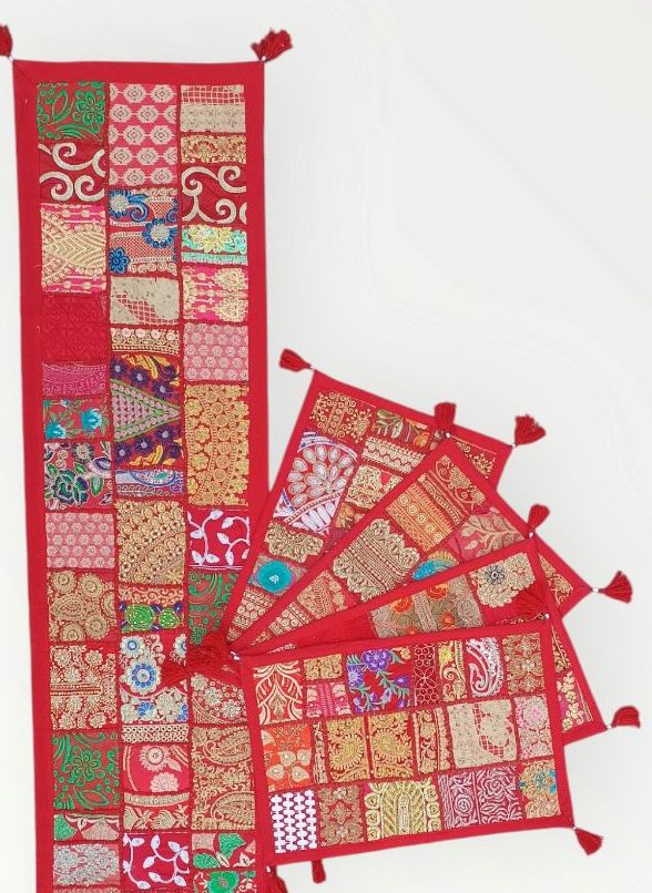 Red colore Table Runner Set Handmade Table Throw Patch work Embroidery
