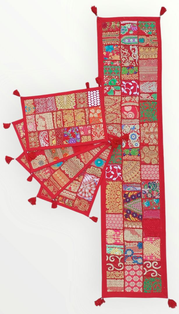 Red colore Table Runner Set Handmade Table Throw Patch work Embroidery
