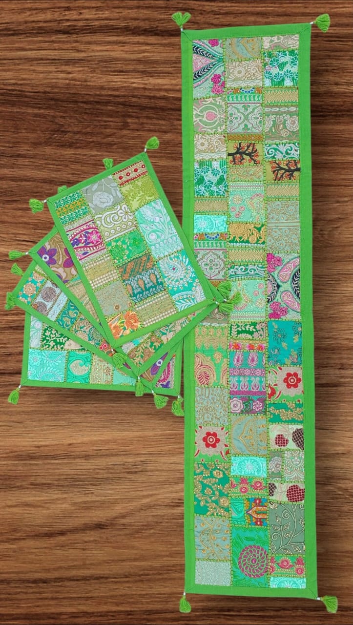 Green colore Table Runner Set Handmade Table Throw Patch work Embroidery