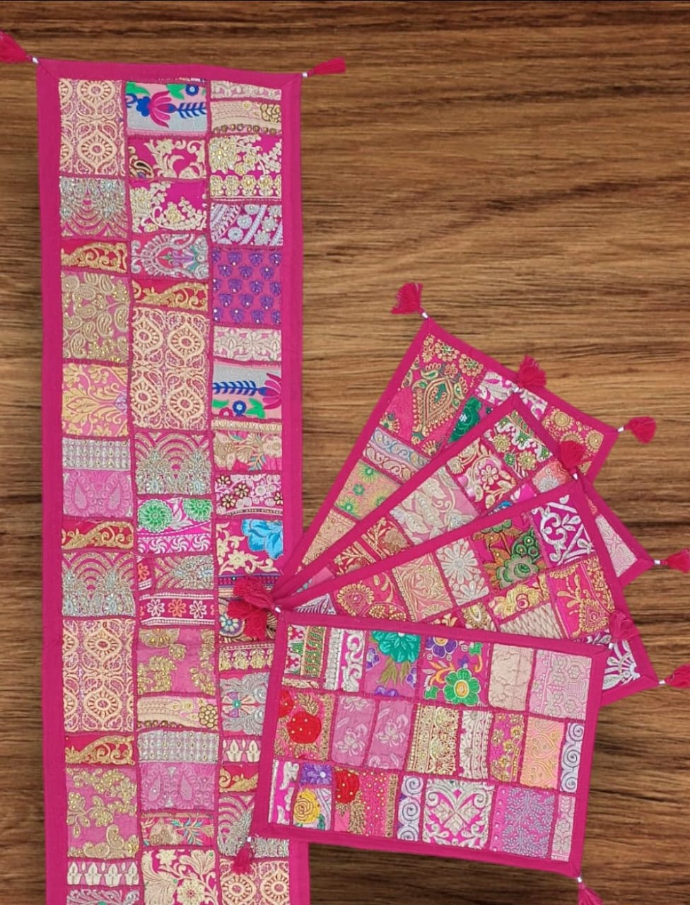 Pink Green colore Table Runner Set Handmade Table Throw Patch work Embroidery (Copy)