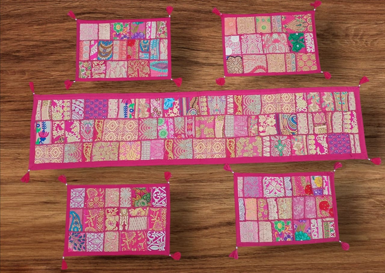 Pink Green colore Table Runner Set Handmade Table Throw Patch work Embroidery (Copy)