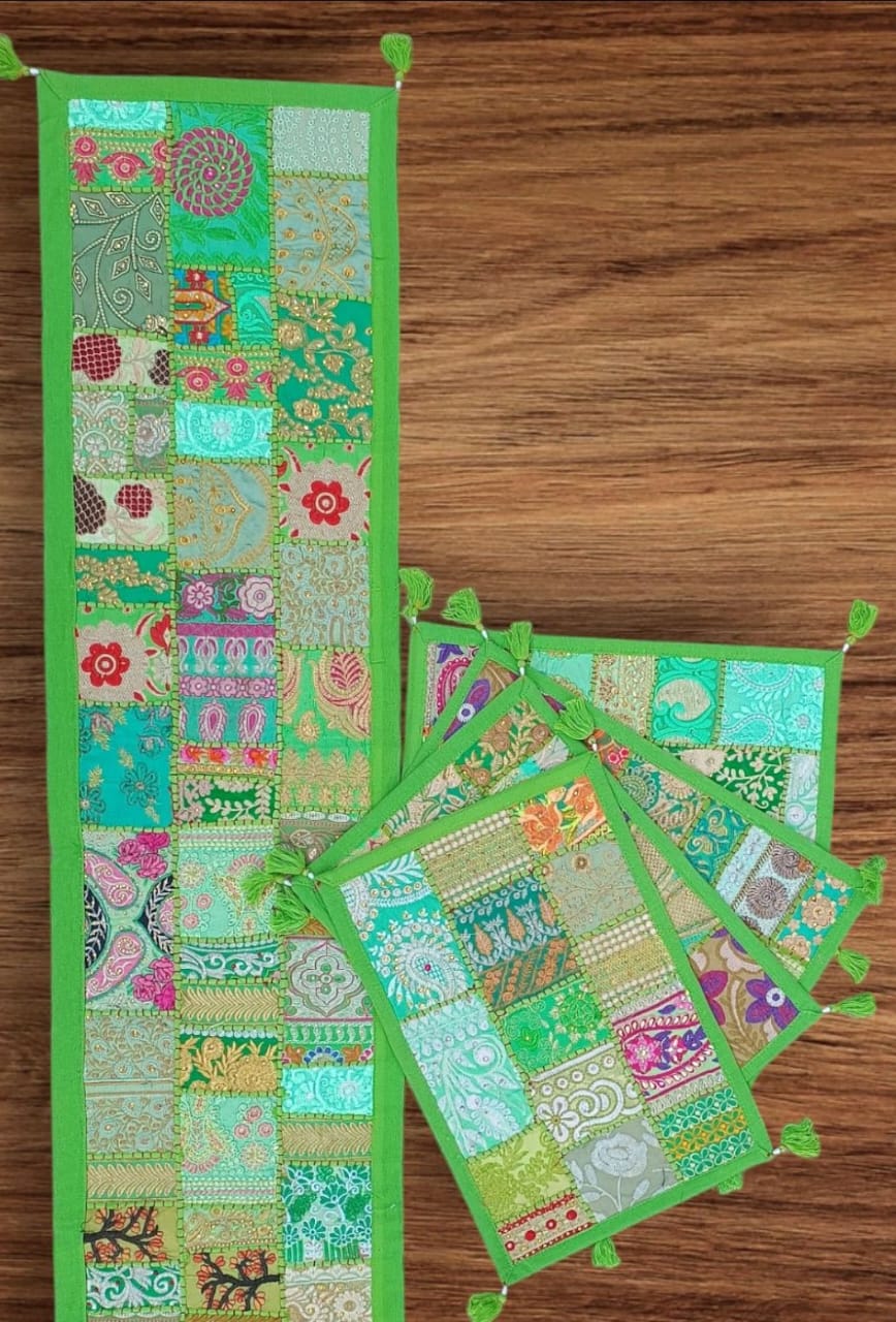 Green colore Table Runner Set Handmade Table Throw Patch work Embroidery