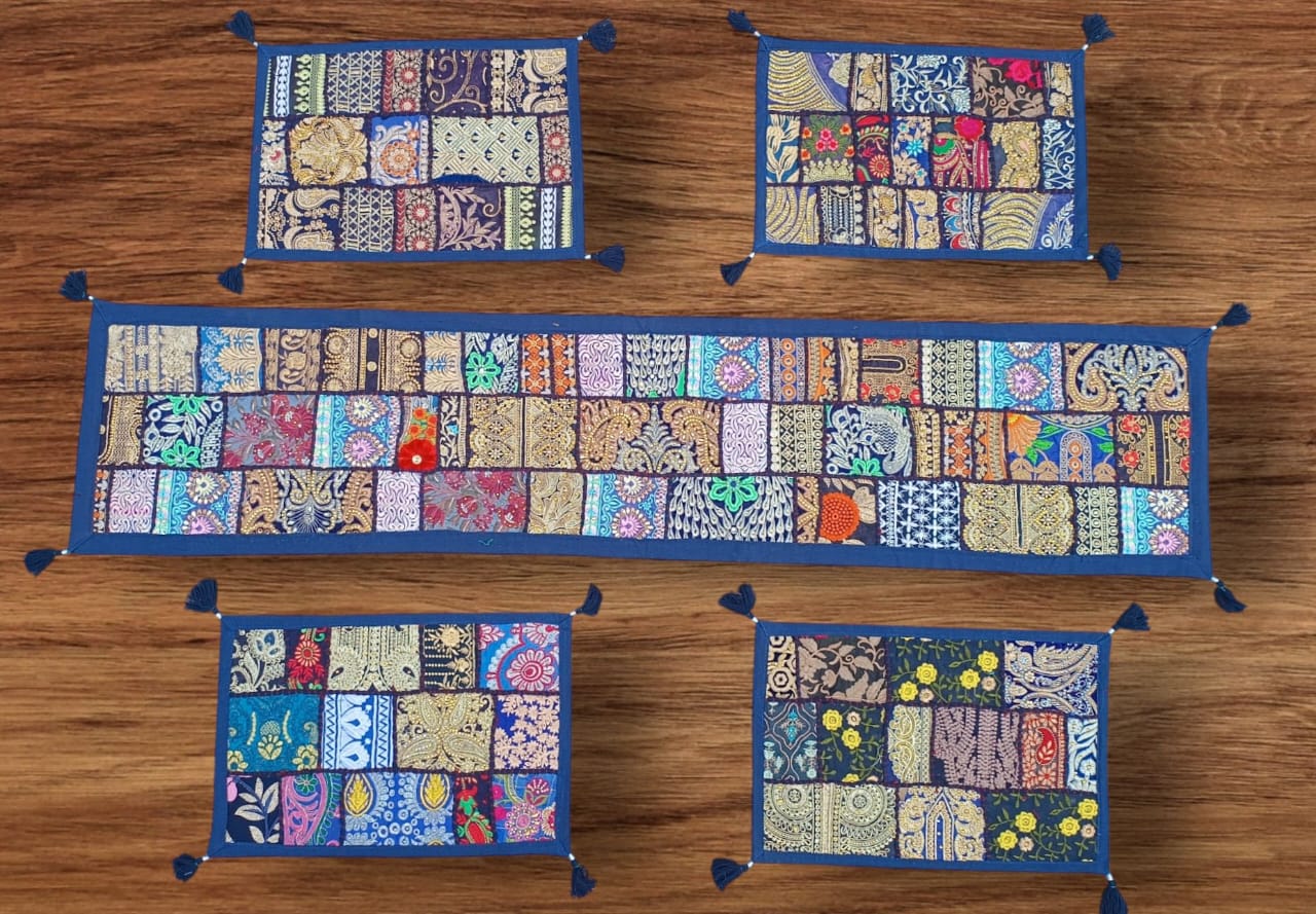 Blue colore Table Runner Set Handmade Table Throw Patch work Embroidery
