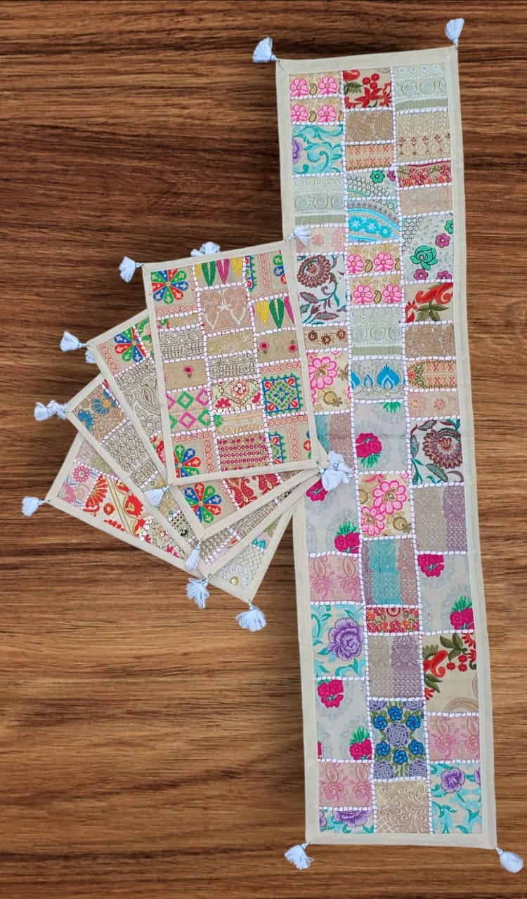 White colore Table Runner Set Handmade Table Throw Patch work Embroidery