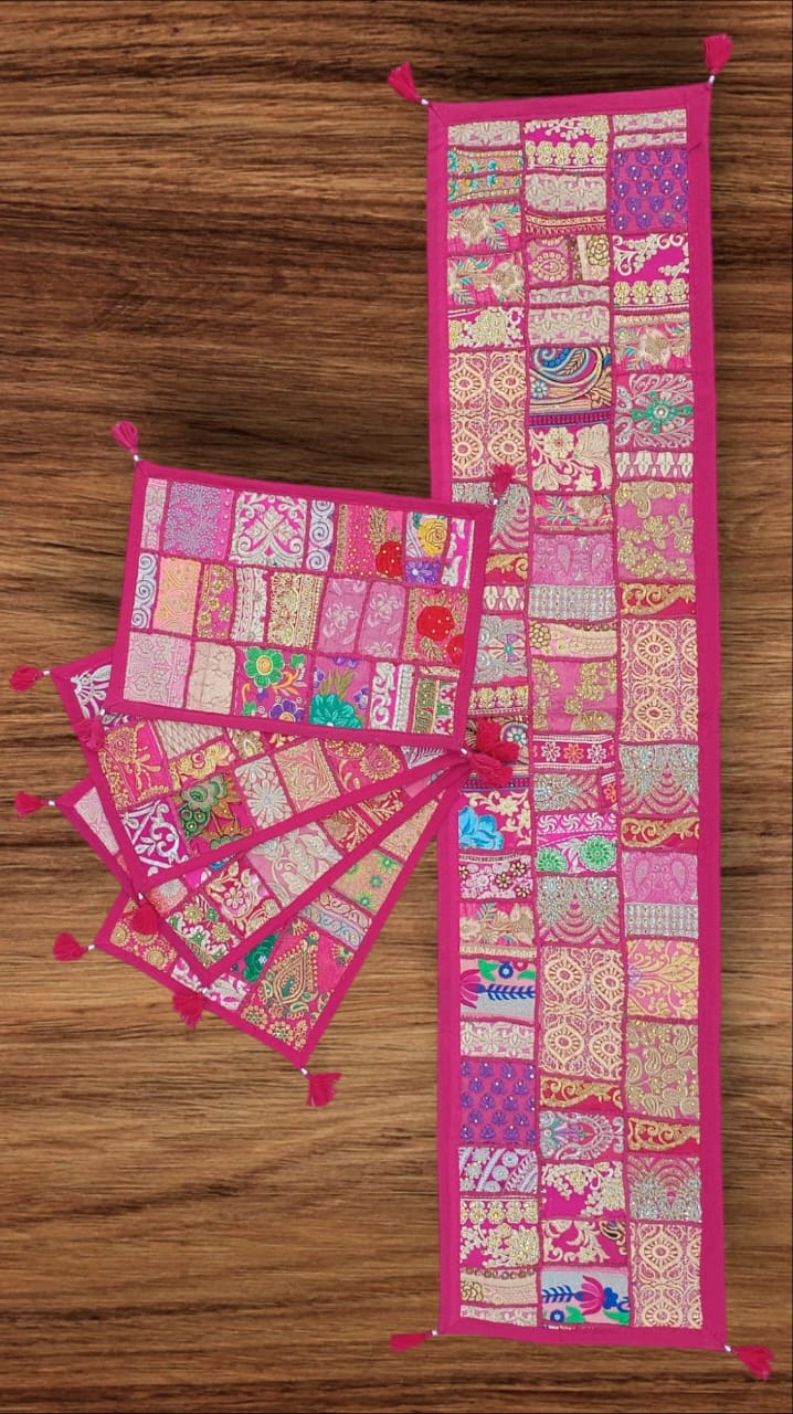 Pink Green colore Table Runner Set Handmade Table Throw Patch work Embroidery (Copy)