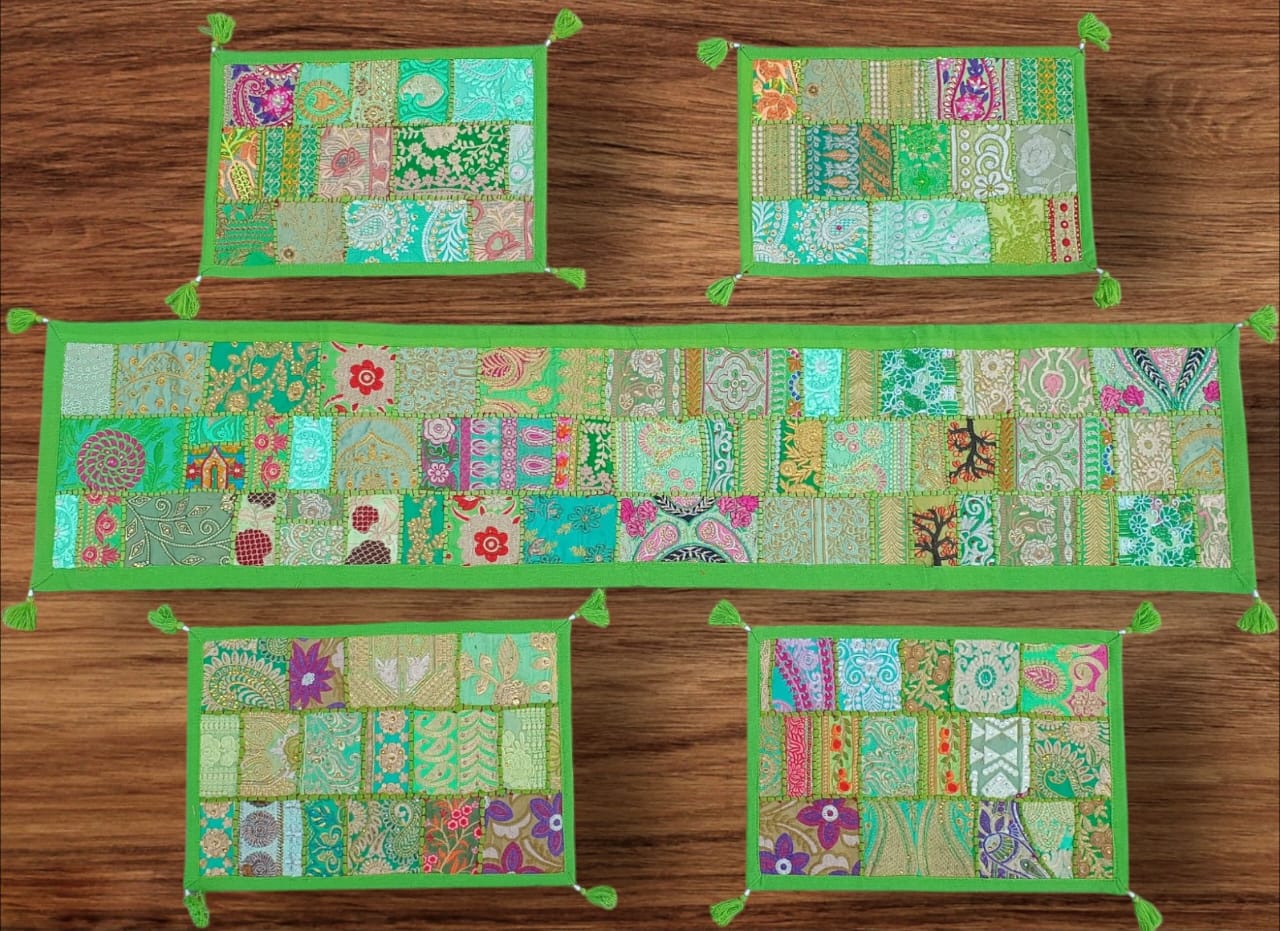 Green colore Table Runner Set Handmade Table Throw Patch work Embroidery