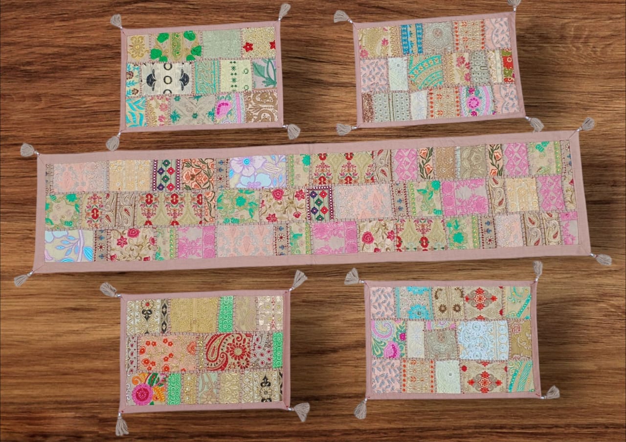 Beige colore Table Runner Set Handmade Table Throw Patch work Embroidery