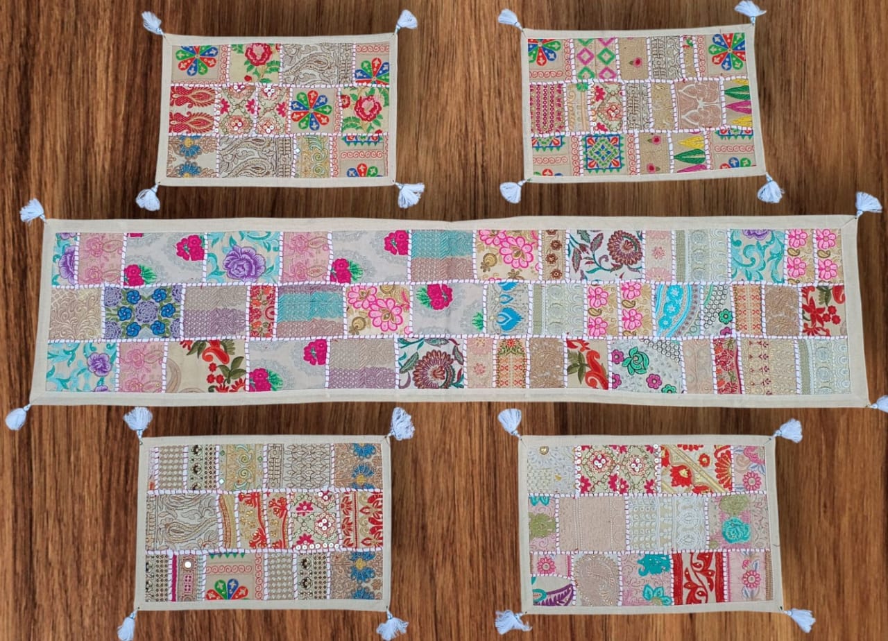 White colore Table Runner Set Handmade Table Throw Patch work Embroidery