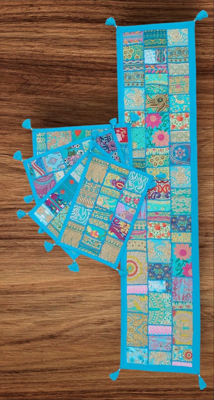 Turquoise colore Table Runner Set Handmade Table Throw Patch work Embroidery