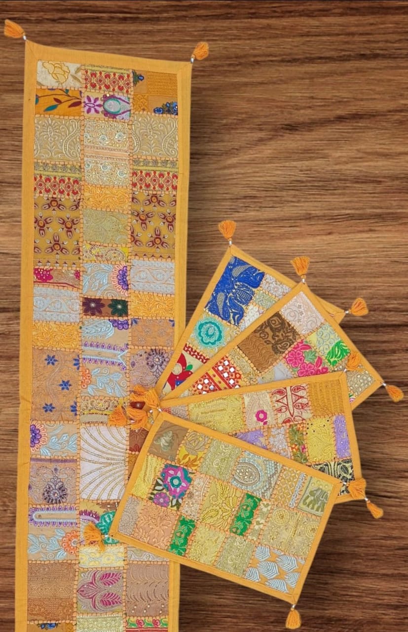 Yellow colore Table Runner Set Handmade Table Throw Patch work Embroidery