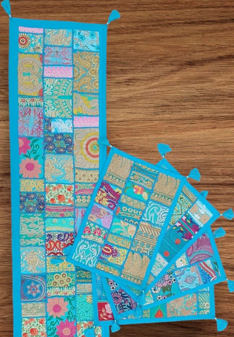 Turquoise colore Table Runner Set Handmade Table Throw Patch work Embroidery