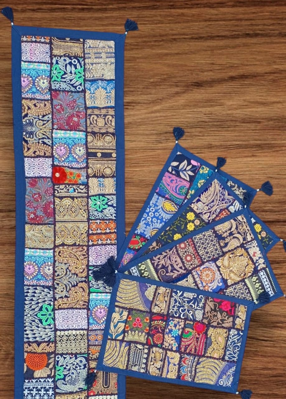 Blue colore Table Runner Set Handmade Table Throw Patch work Embroidery