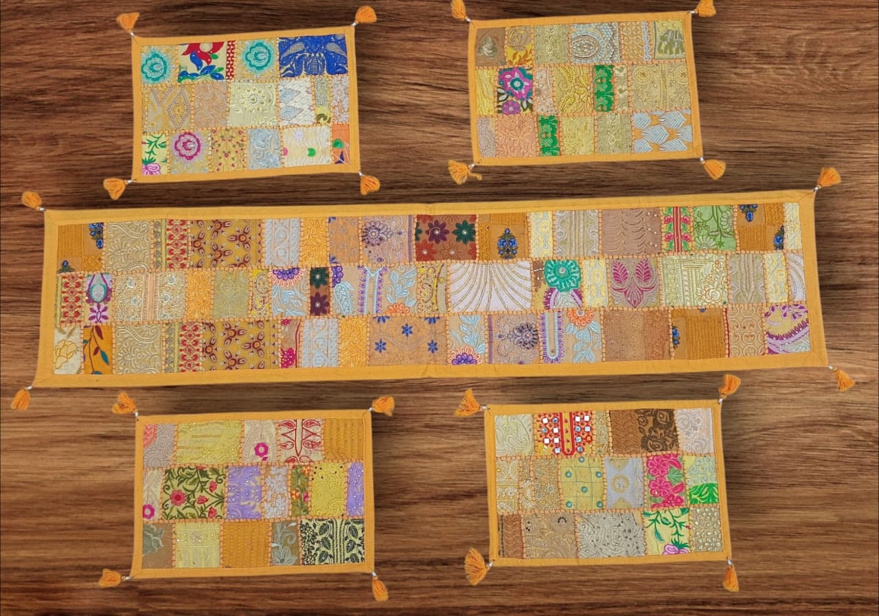 Yellow colore Table Runner Set Handmade Table Throw Patch work Embroidery