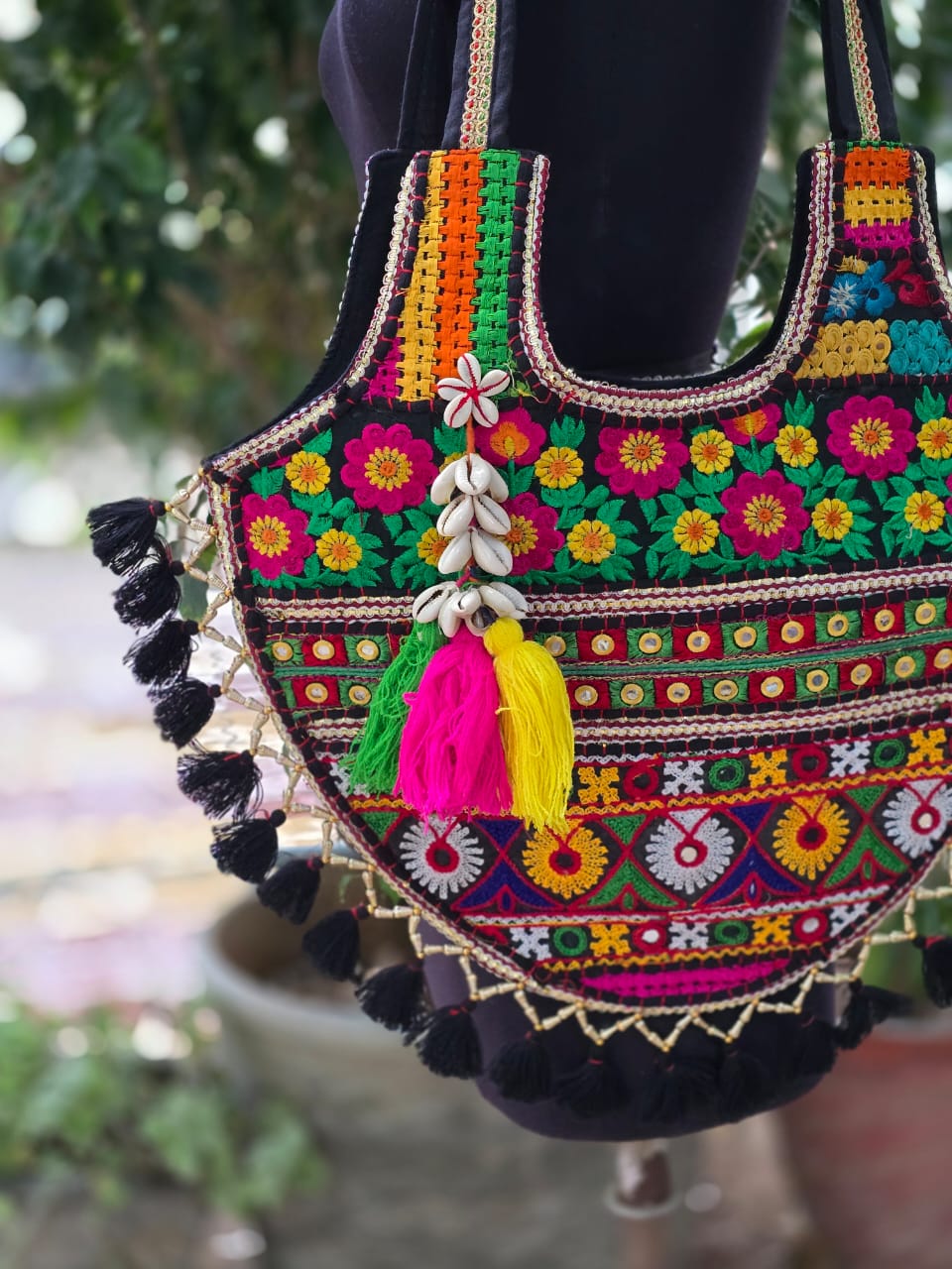 Banjara shoulder bag handmade tassels bag black colour