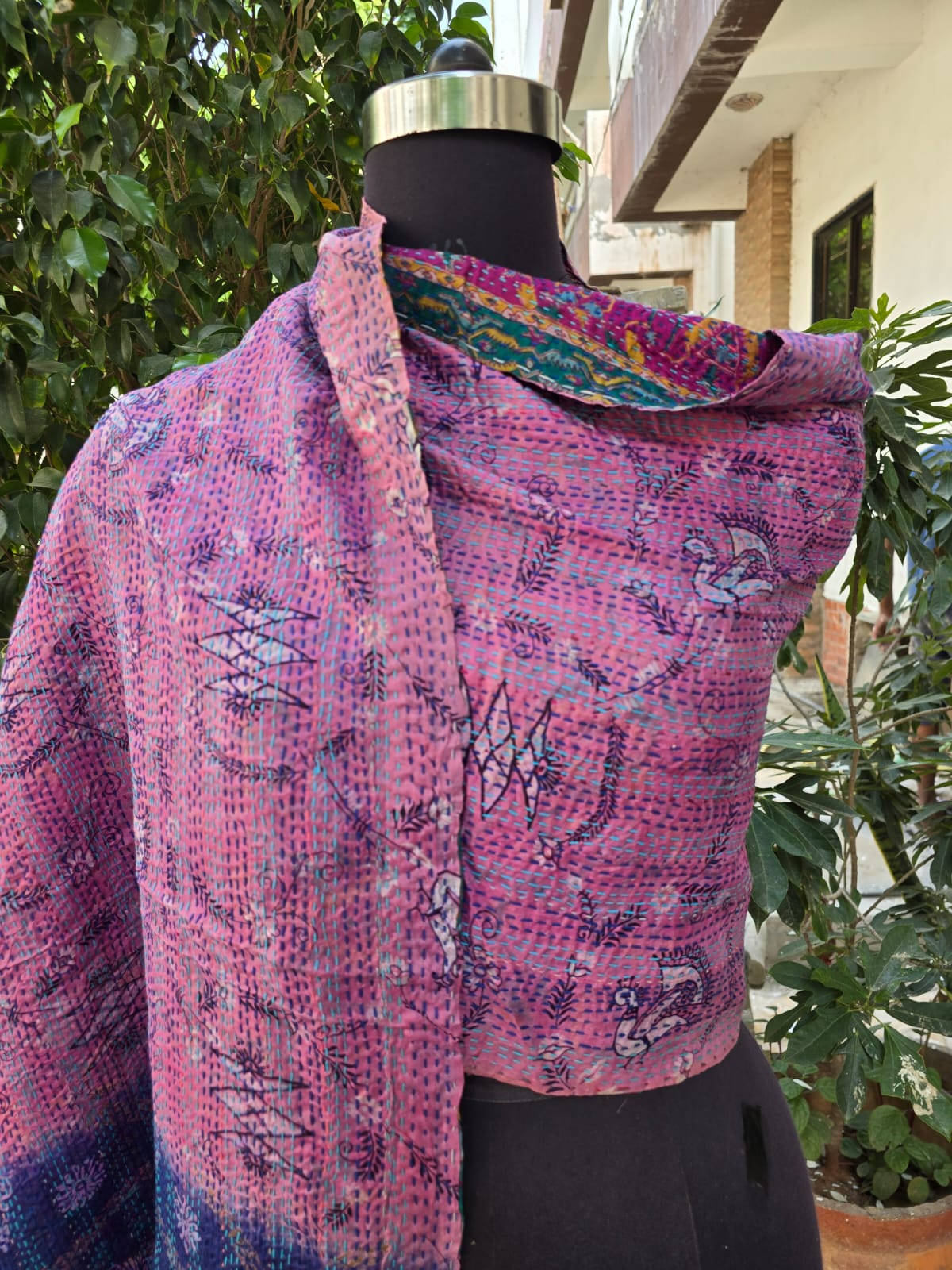 Silk scarf reversible Kantha handmade