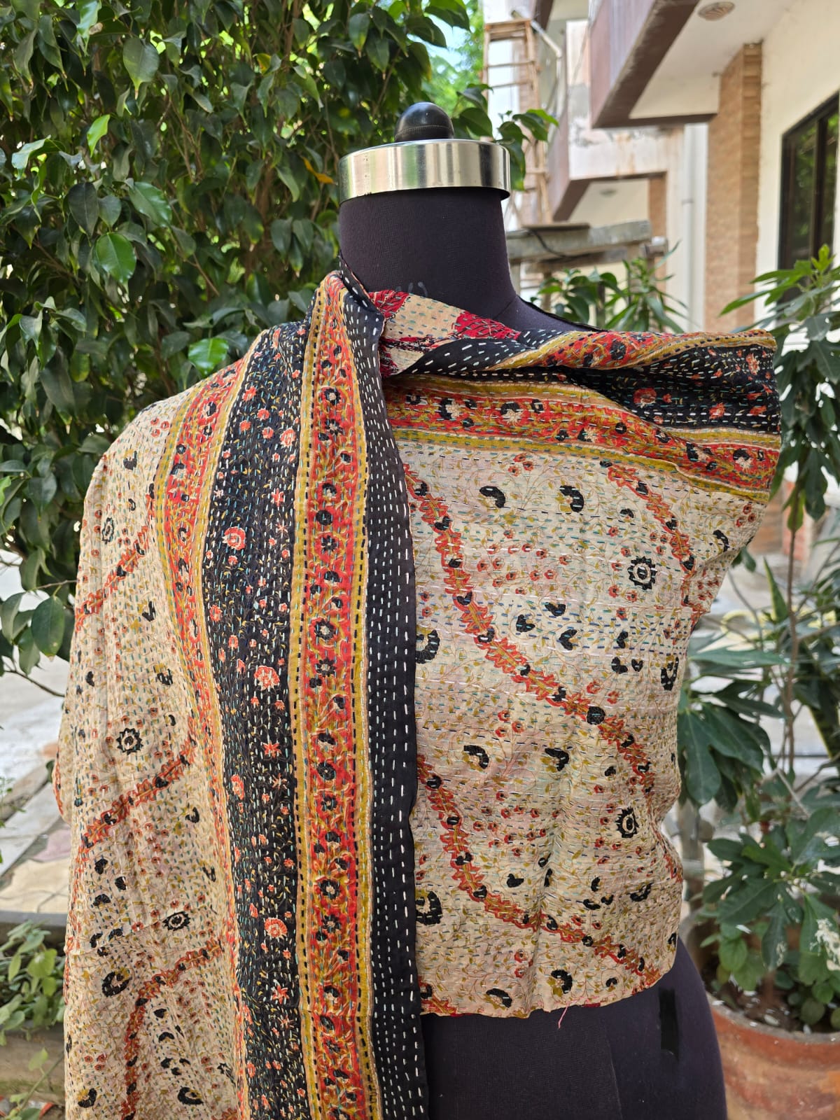 Silk scarf reversible Kantha handmade