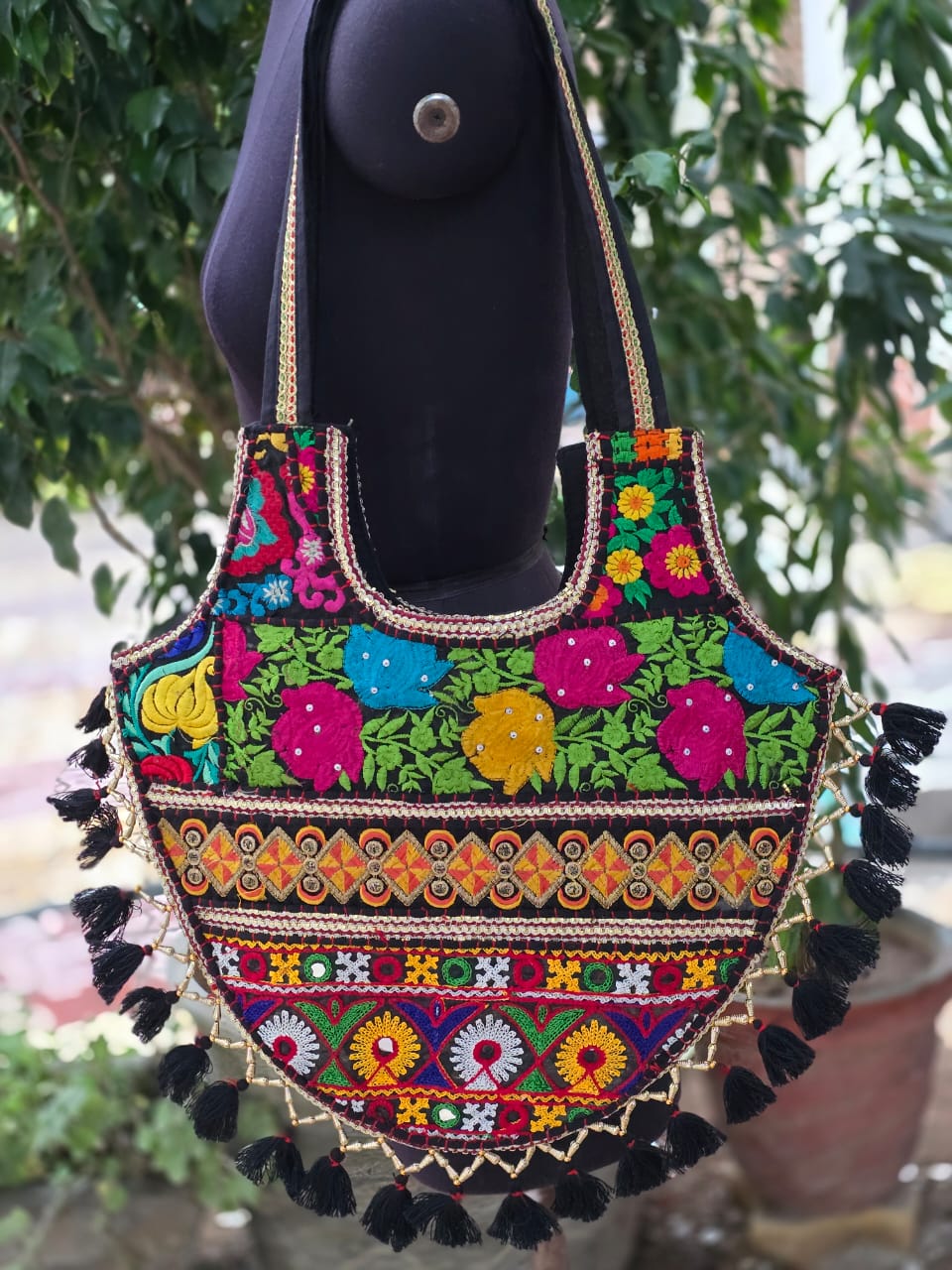 Banjara shoulder bag handmade tassels bag black colour