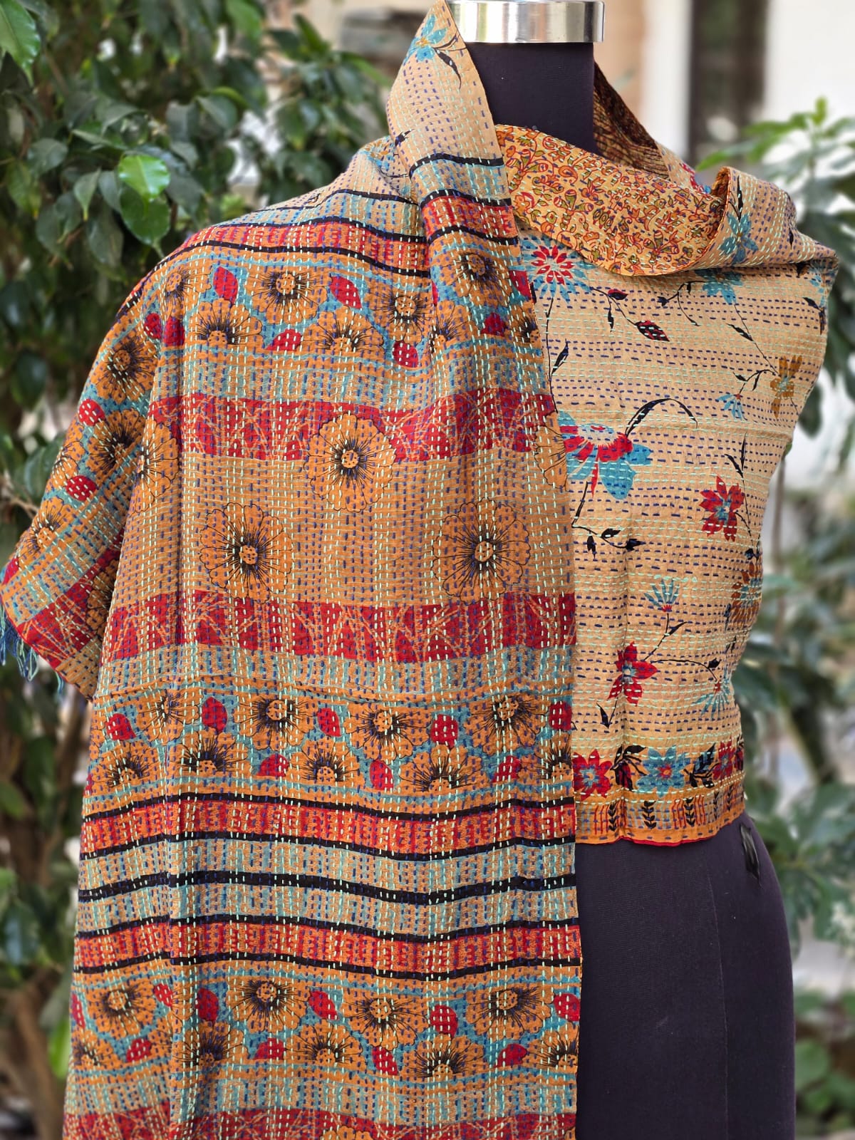 Silk scarf reversible Kantha handmade