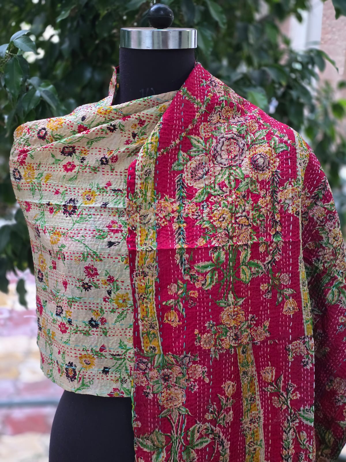 Silk scarf reversible Kantha handmade