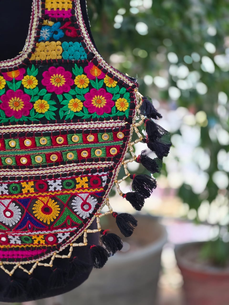 Banjara shoulder bag handmade tassels bag black colour