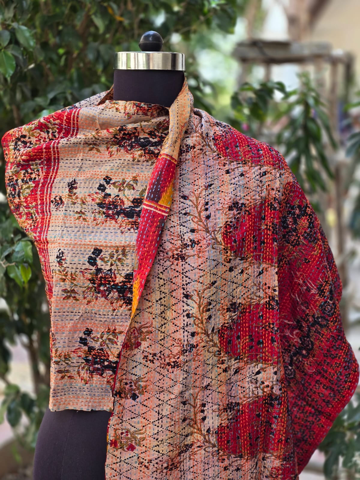 Silk scarf reversible Kantha handmade
