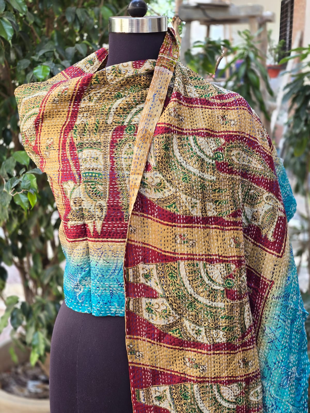 Silk scarf reversible Kantha handmade