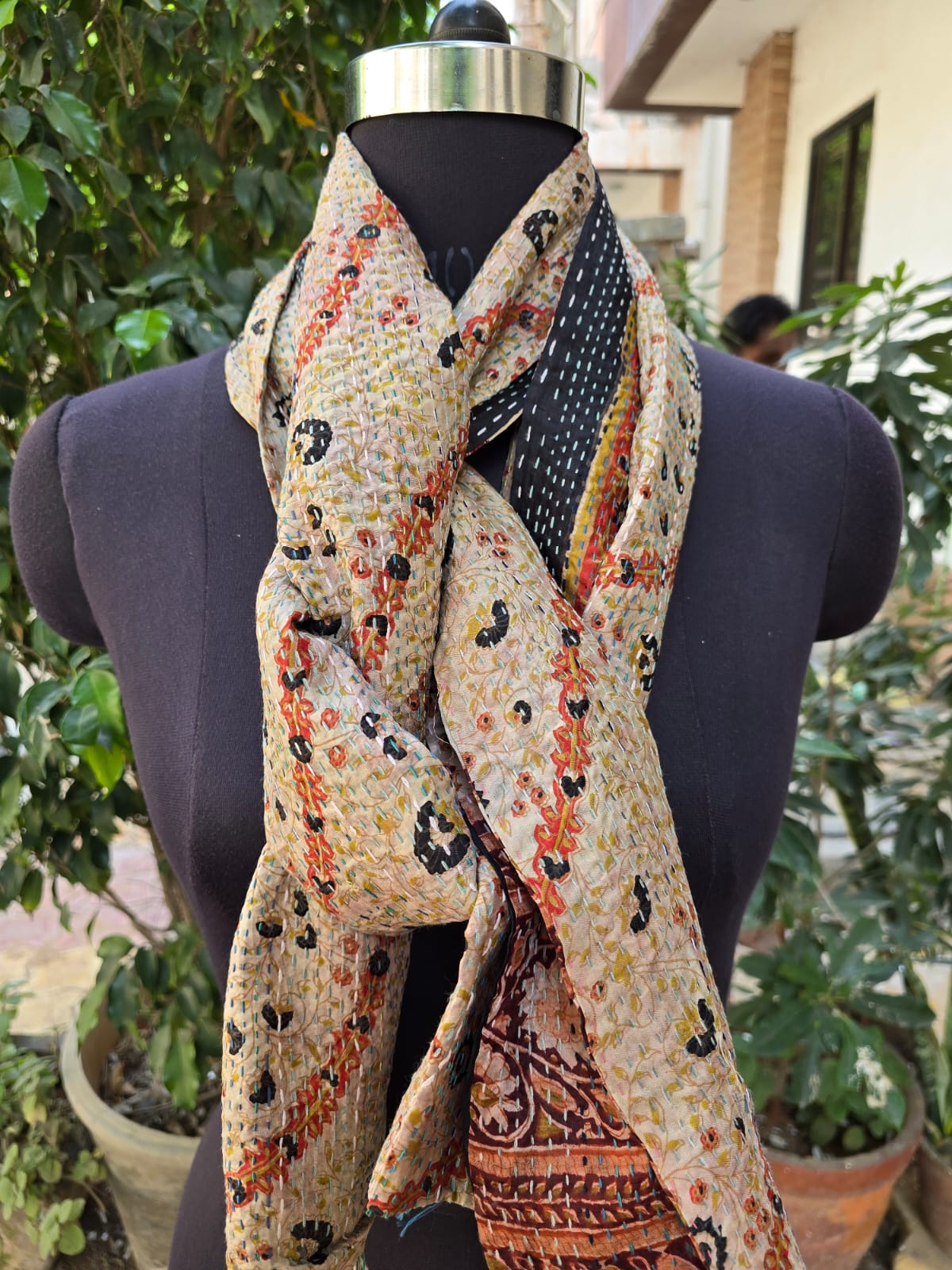 Silk scarf reversible Kantha handmade