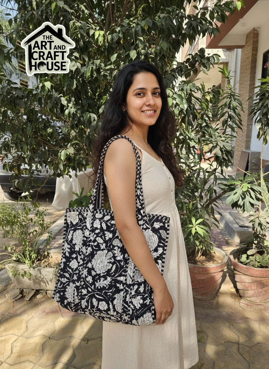 Tote Bag shopping bag Quilted Printed with Zipper