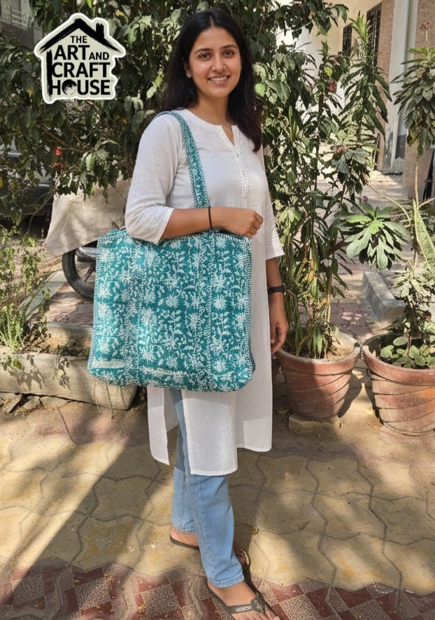 Tote Bag shopping bag Quilted Printed with Zipper