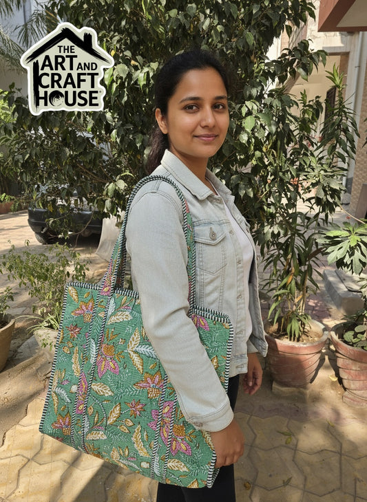 Tote Bag shopping bag Quilted Printed with Zipper