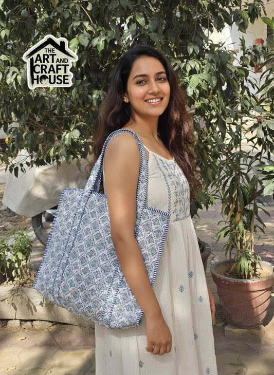 Tote Bag shopping bag Quilted Printed with Zipper