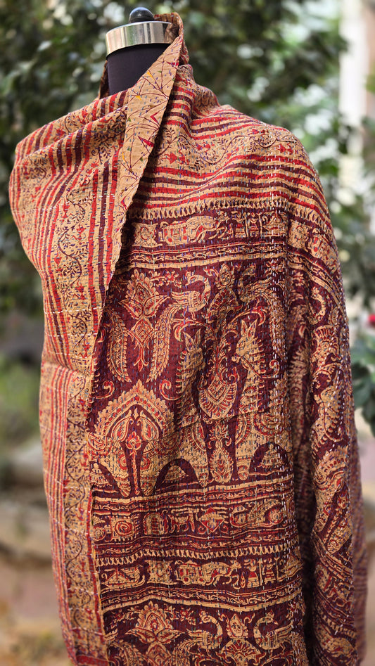 Dupatta Silk Shawl reversible Kantha handmade