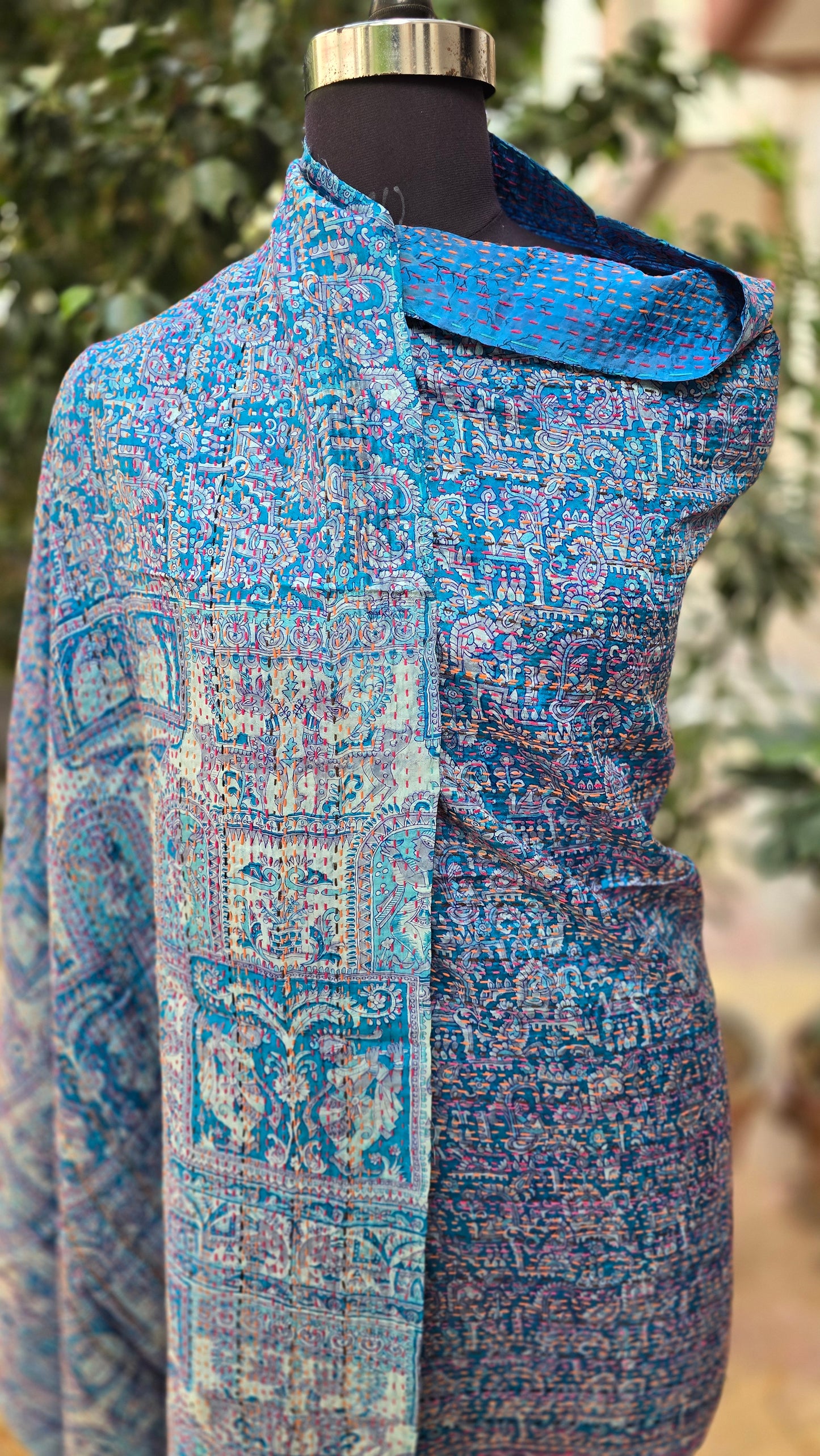 Dupatta Silk Shawl reversible Kantha handmade