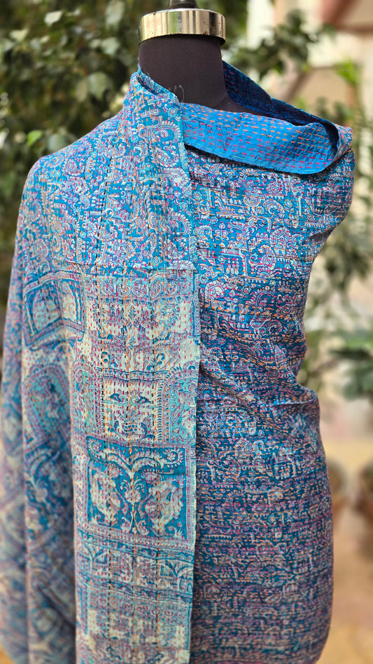 Dupatta Silk Shawl reversible Kantha handmade