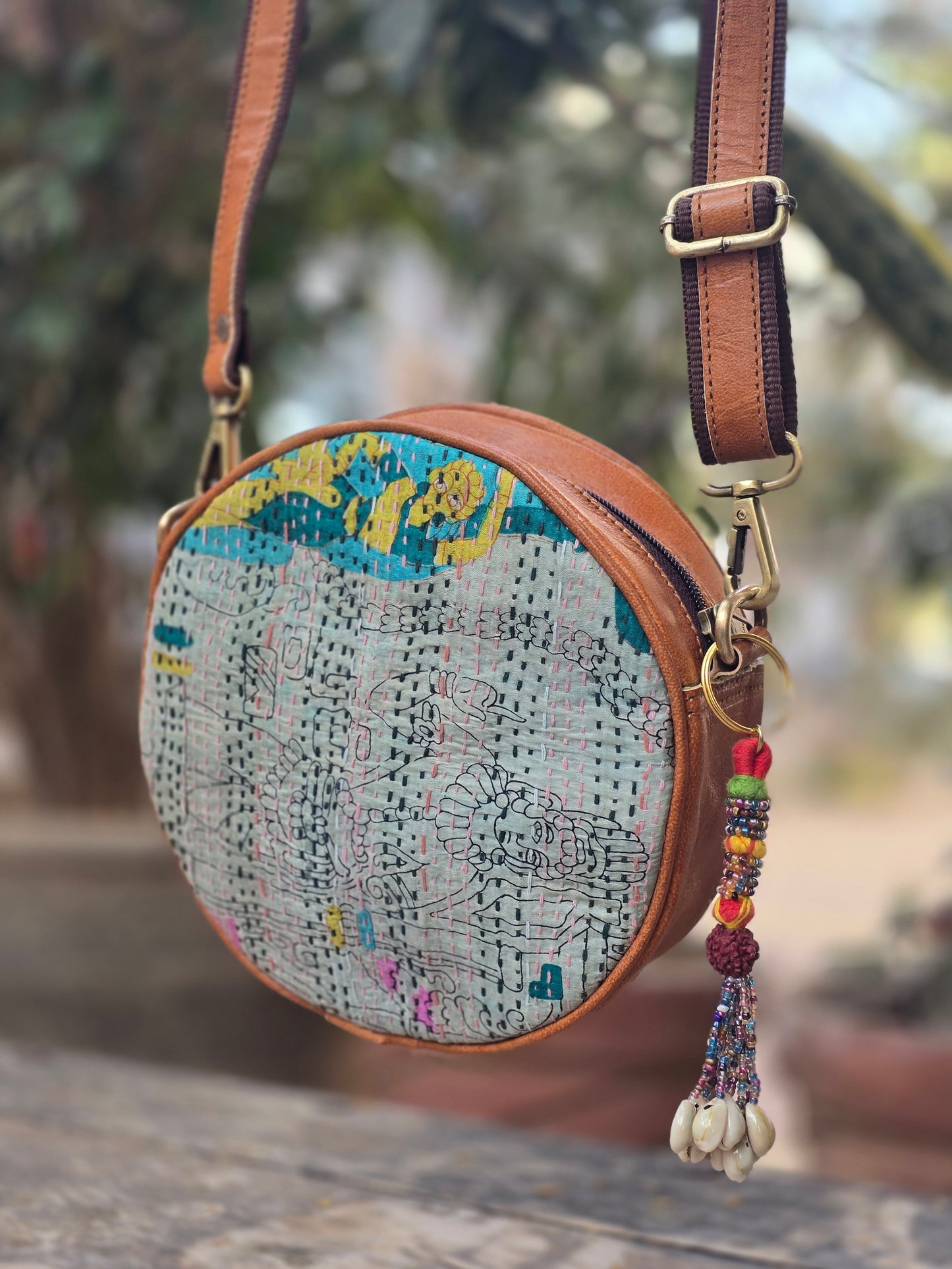 Genuine leather bag sling bag handbag purse kantha Bag