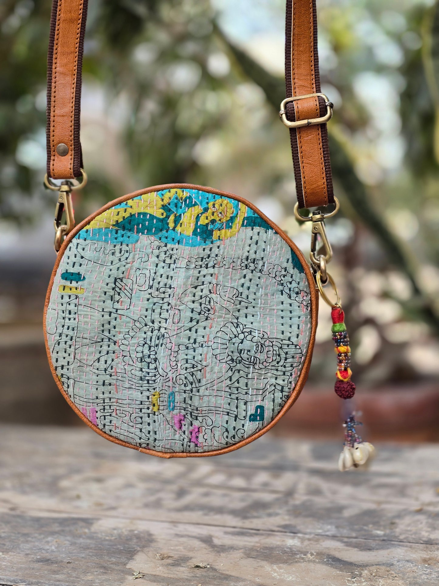 Genuine leather bag sling bag handbag purse kantha Bag