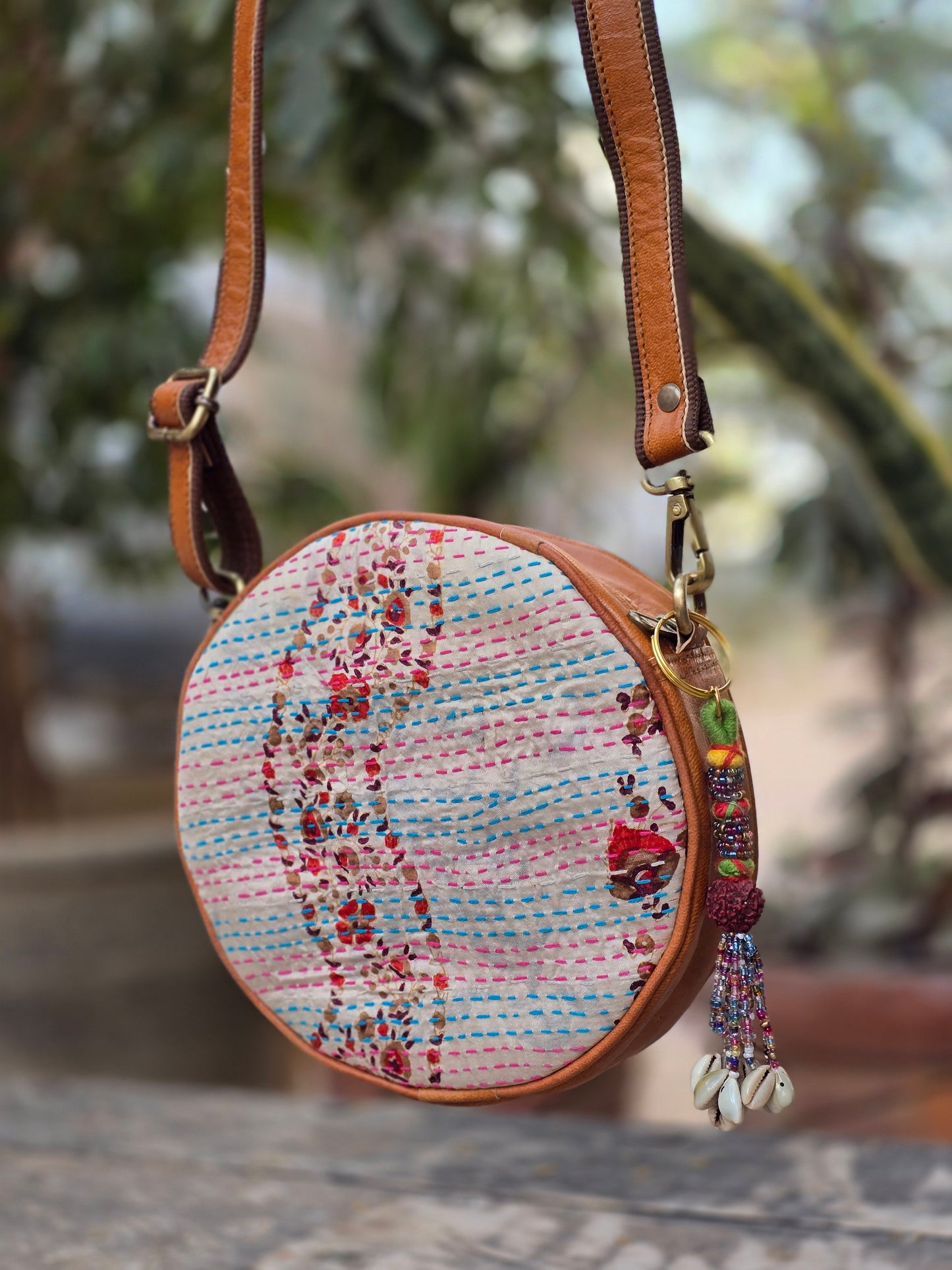 Genuine leather bag sling bag handbag purse kantha Bag