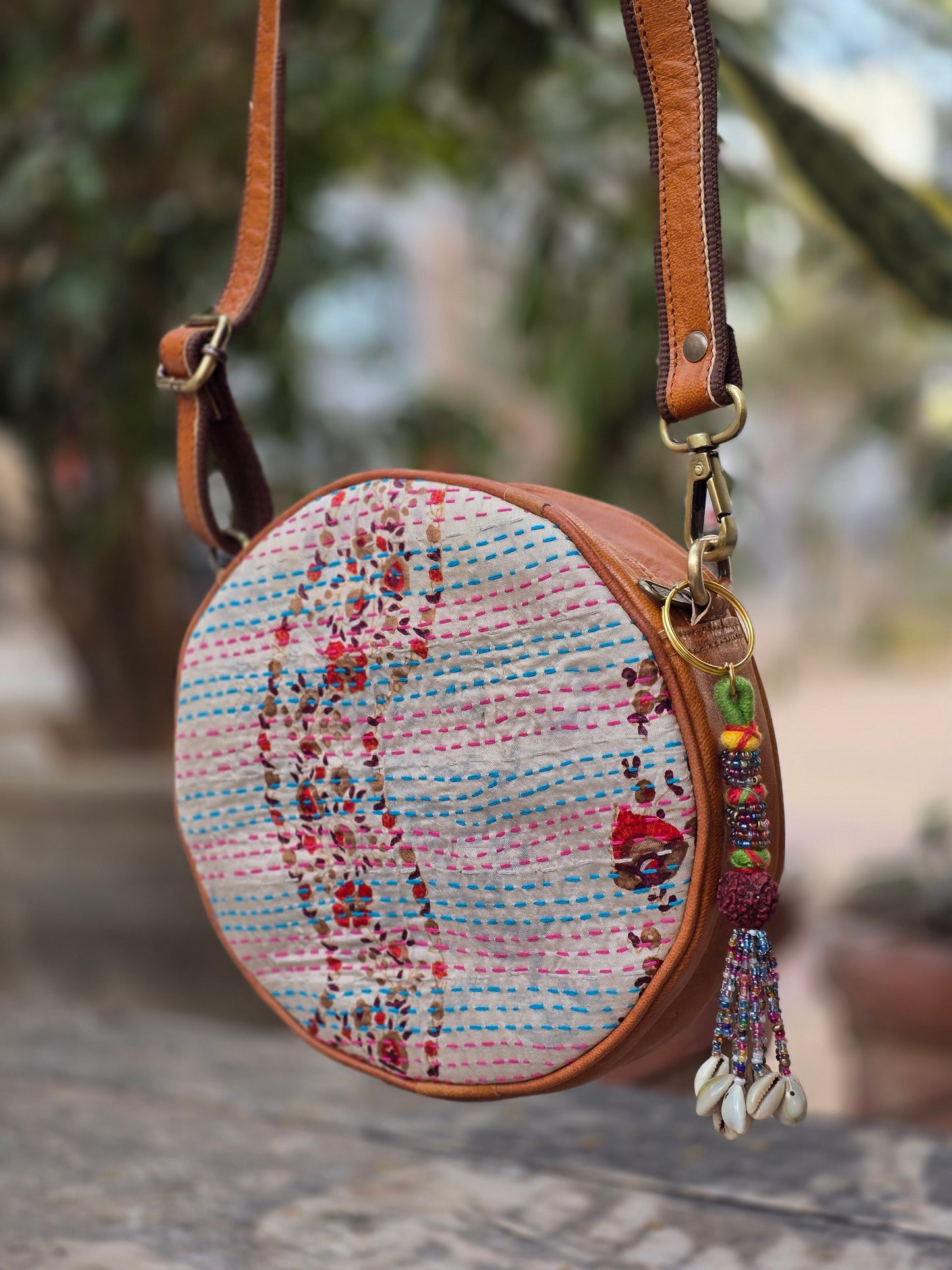 Genuine leather bag sling bag handbag purse kantha Bag
