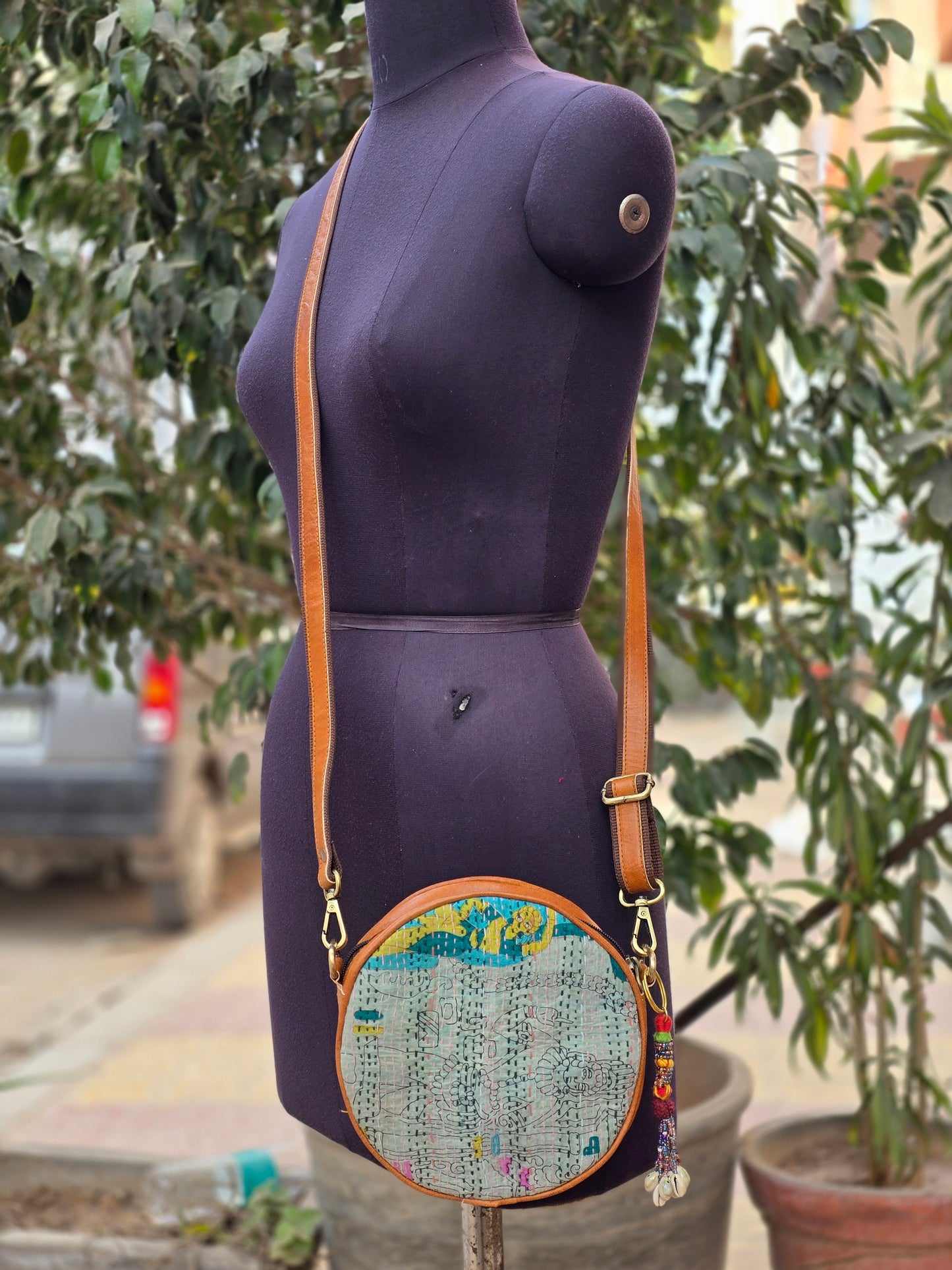 Genuine leather bag sling bag handbag purse kantha Bag
