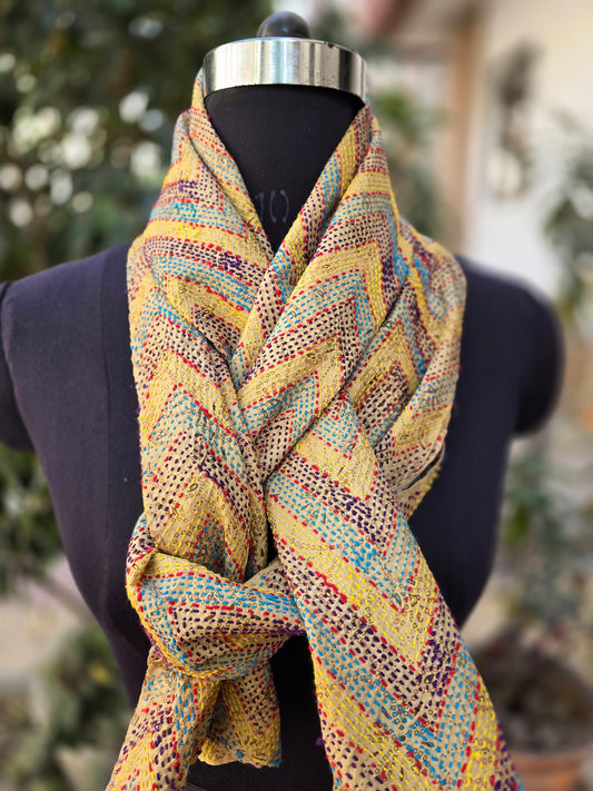 Fine work Silk scarf reversible Kantha handmade